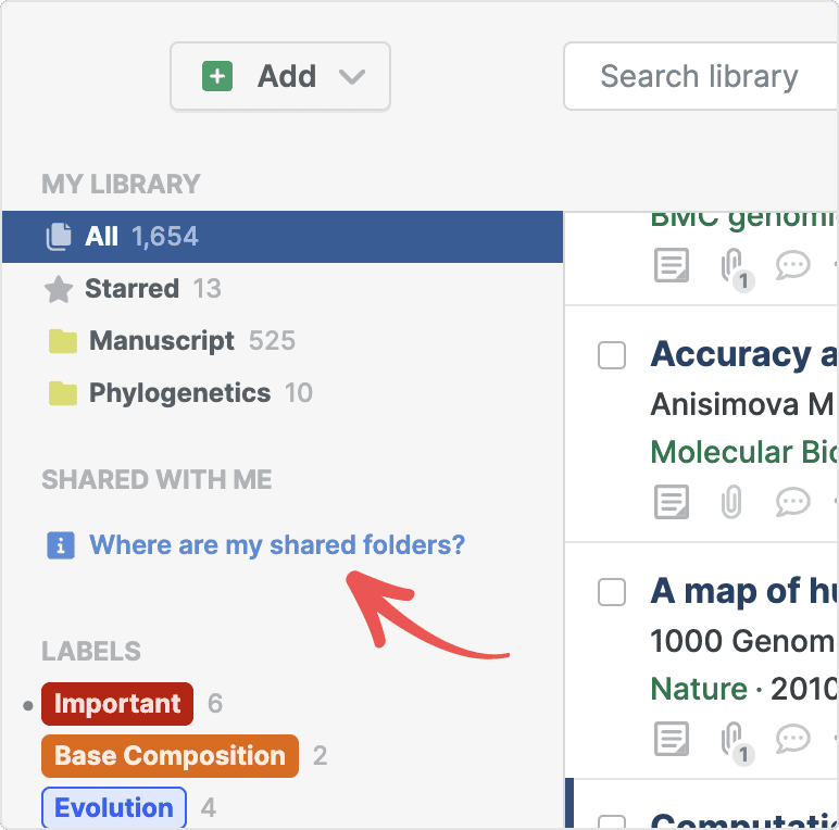 The library sidebar with a red arrow pointing to a “Where are my shared folders?” hint under the “Shared with me” heading, above the Labels section.